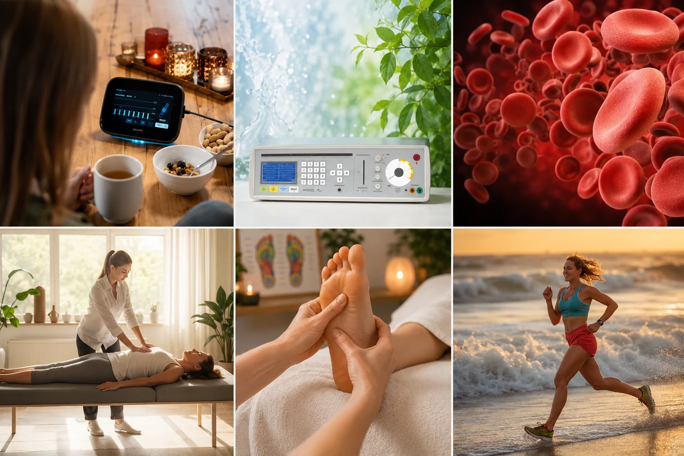 Foto-Collage der Therapie-Verfahren in der Praxis für Alternativmedizin Maresa Gutöhrlein in Böblingen: BEMER, Bioresonanz, Diagnose, Schmerztherapie, Fußreflexzonen-Therapie und Gesund & Aktiv